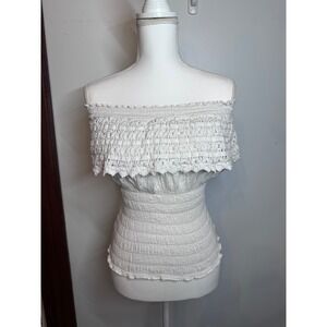 Sea Spice White Smocked Off Shoulder Top XXL Peruvian Cotton Crochet Lace Boho